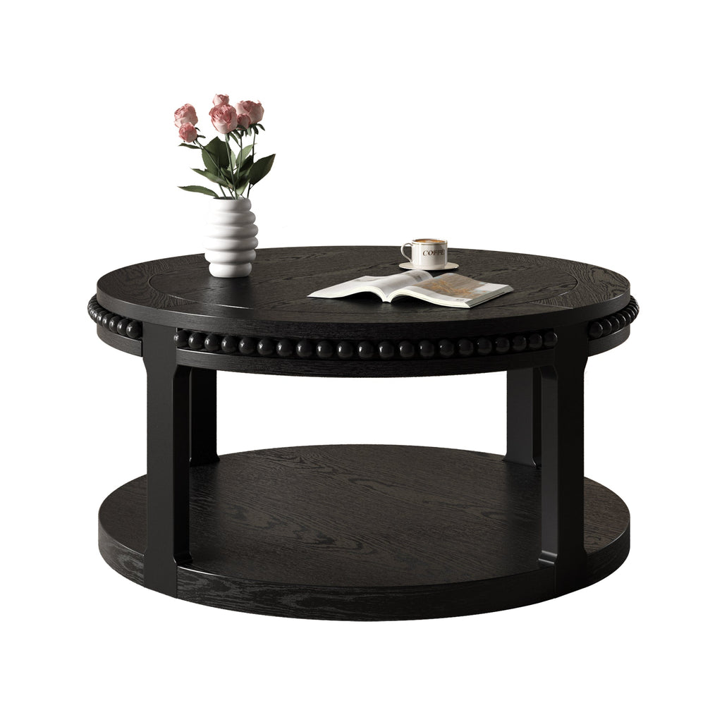31.5 Inch Solid Wood Round Coffee Table for Living Room,2-Tier Rustic Wood Desktop with Storage Shelf Modern Design Home Furniture (Black)
