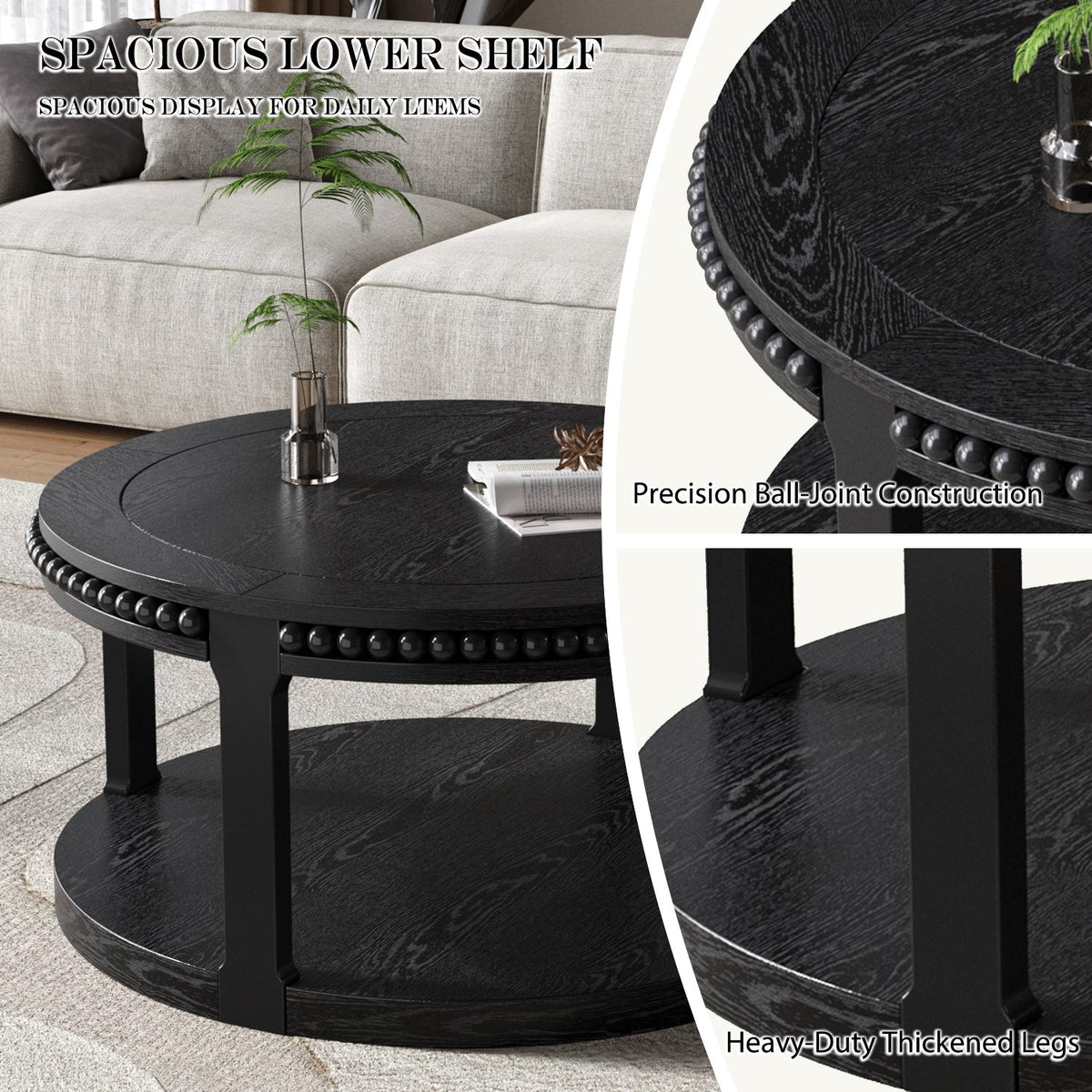 31.5 Inch Solid Wood Round Coffee Table for Living Room,2-Tier Rustic Wood Desktop with Storage Shelf Modern Design Home Furniture (Black)