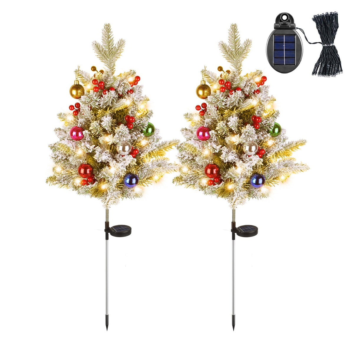 2Pcs Solar Powered Lighted Christmas Tree Urn Filler With Light Artificial Xmas Trees Light with Berries Decor Balls LED Pathway Pine Tree IP44 Waterp