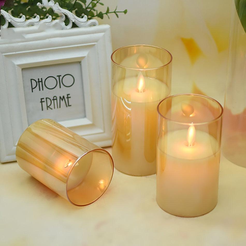 Flameless Led Wax Candle With Amber Color Glass For Home Decor Led Flameless Candles Battery Operated Wax Flickering Moving Wick Effect Halloween Glass Candle Set Wedding/Christmas/Holiday Light Decorative Candles