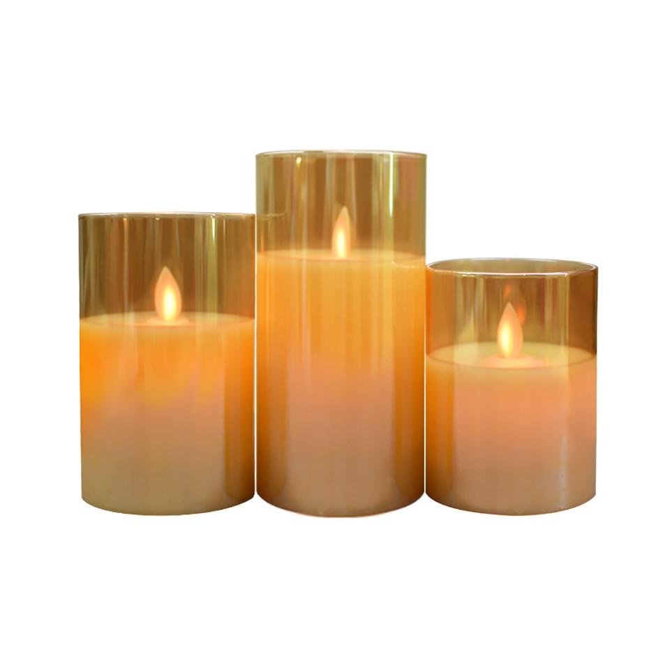 Flameless Led Wax Candle With Amber Color Glass For Home Decor Led Flameless Candles Battery Operated Wax Flickering Moving Wick Effect Halloween Glass Candle Set Wedding/Christmas/Holiday Light Decorative Candles