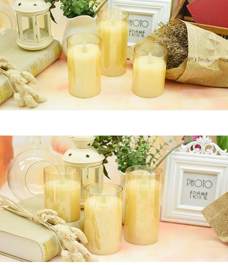 Flameless Led Wax Candle With Amber Color Glass For Home Decor Led Flameless Candles Battery Operated Wax Flickering Moving Wick Effect Halloween Glass Candle Set Wedding/Christmas/Holiday Light Decorative Candles